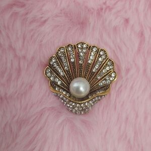 Gold and Silver Rhinestone Shell Brooch with Pearl Accent